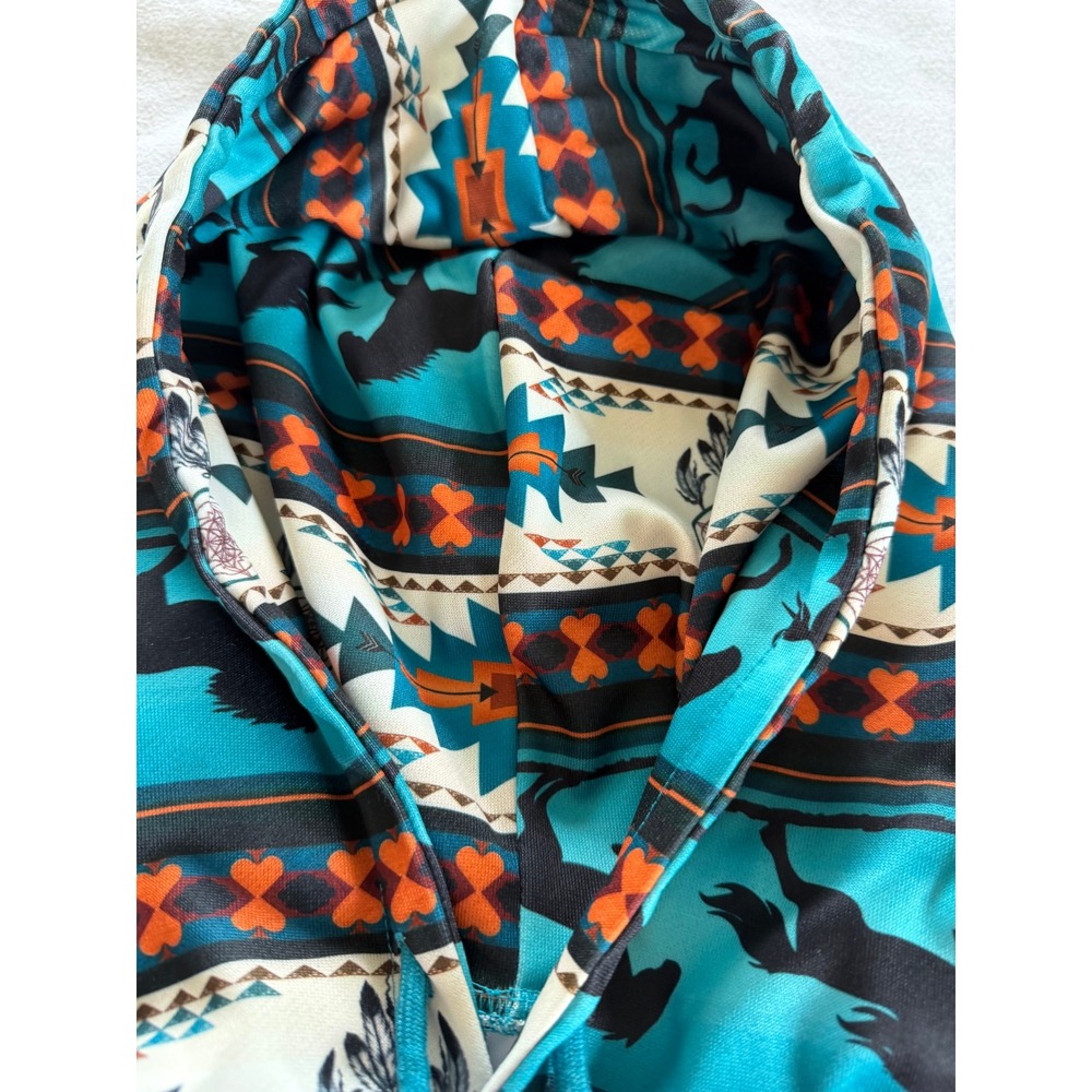 anaoree Women's Large Southwestern Horse Print Hoodie Teal Cream Western Boho - Picture 6 of 9